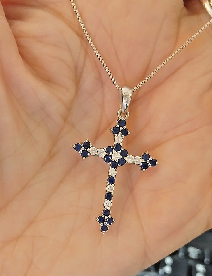 1.20Ct Round Cut Blue Sapphire Cross Pendant 14K White Gold Finish Free Chain