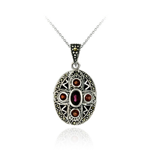 Silver Genuine GARNET Cross Marcasite Locket