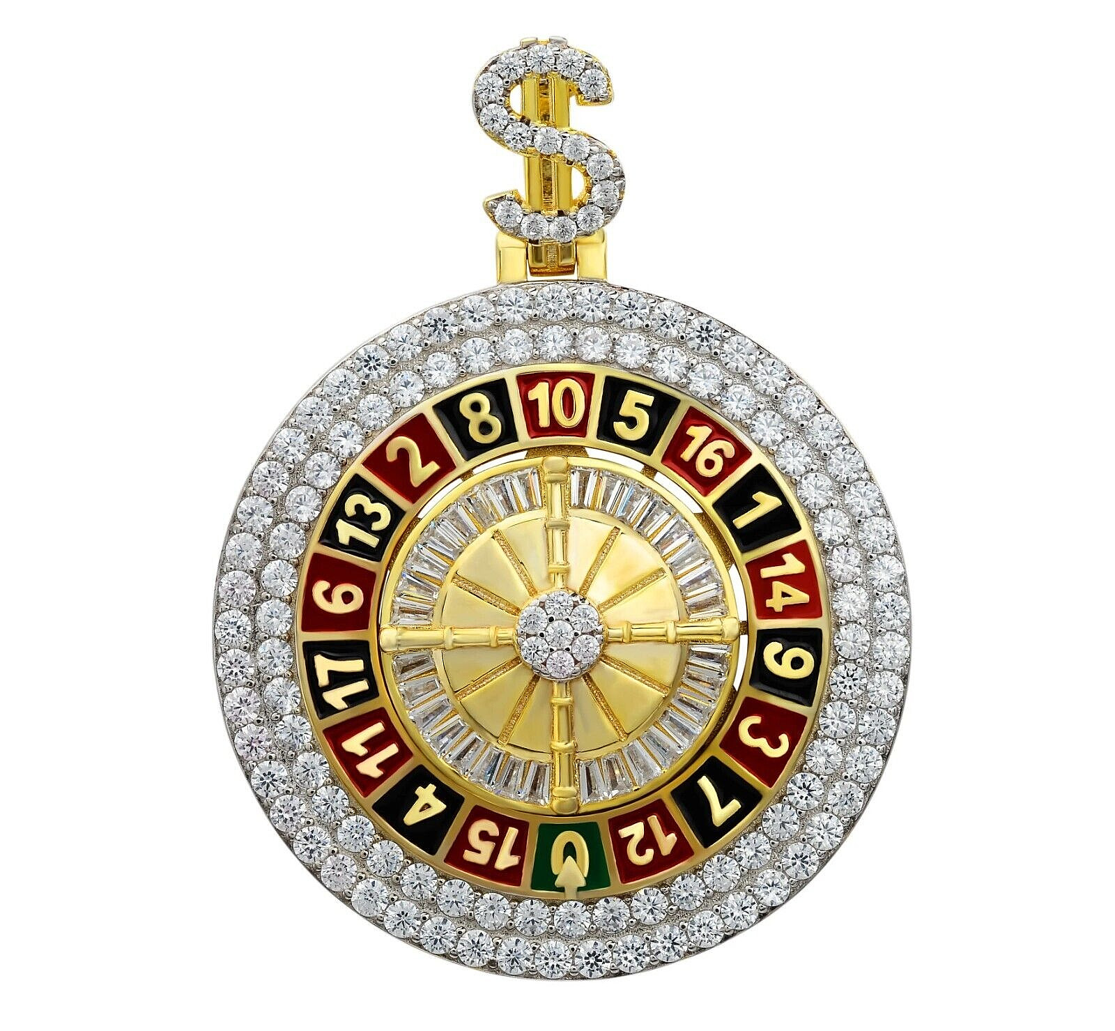 Casino Enamel Spin Charm 14K Gold Plated MOISSANITE Diamond 925 Silver Pendant