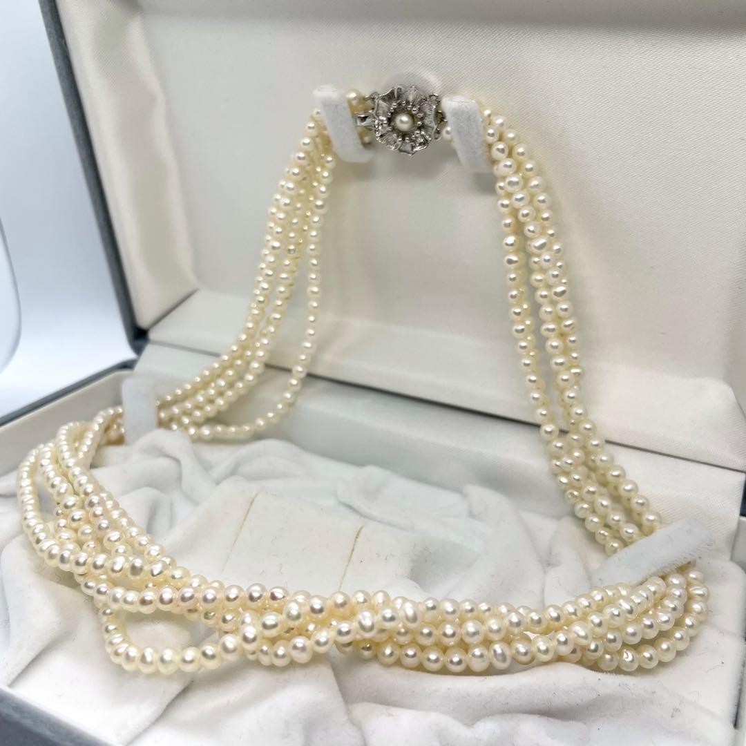 5 Strand Genuine Pearl Necklace White 4.0mm Silver Clasp Formal Auth From Japan