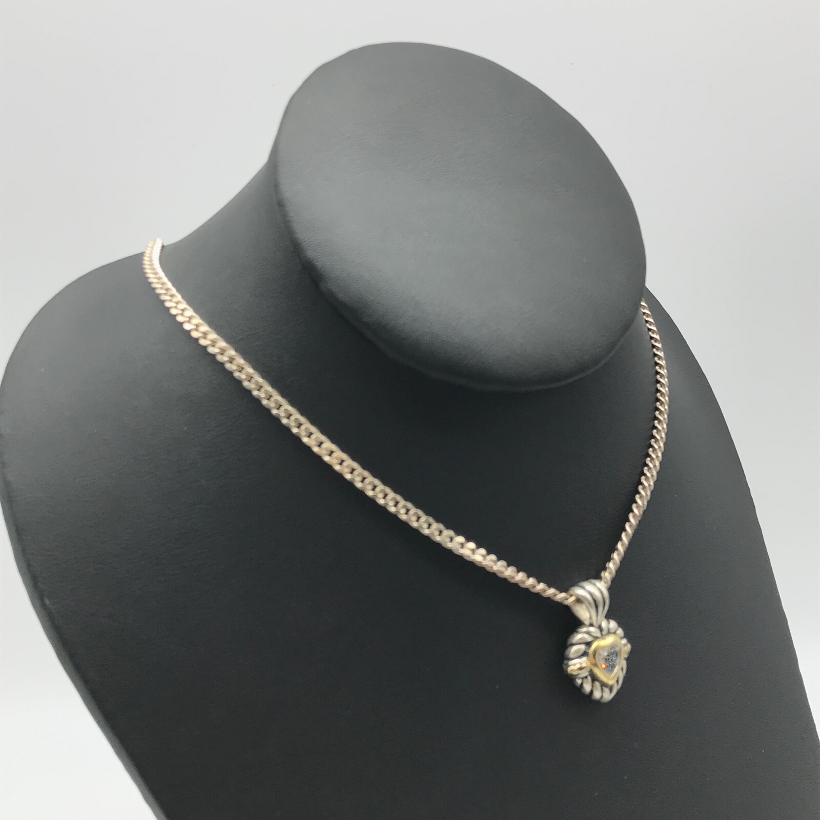 925 Sterling Silver Clear CZ Heart Two Tone Pendant Curb Chain Necklace 18″