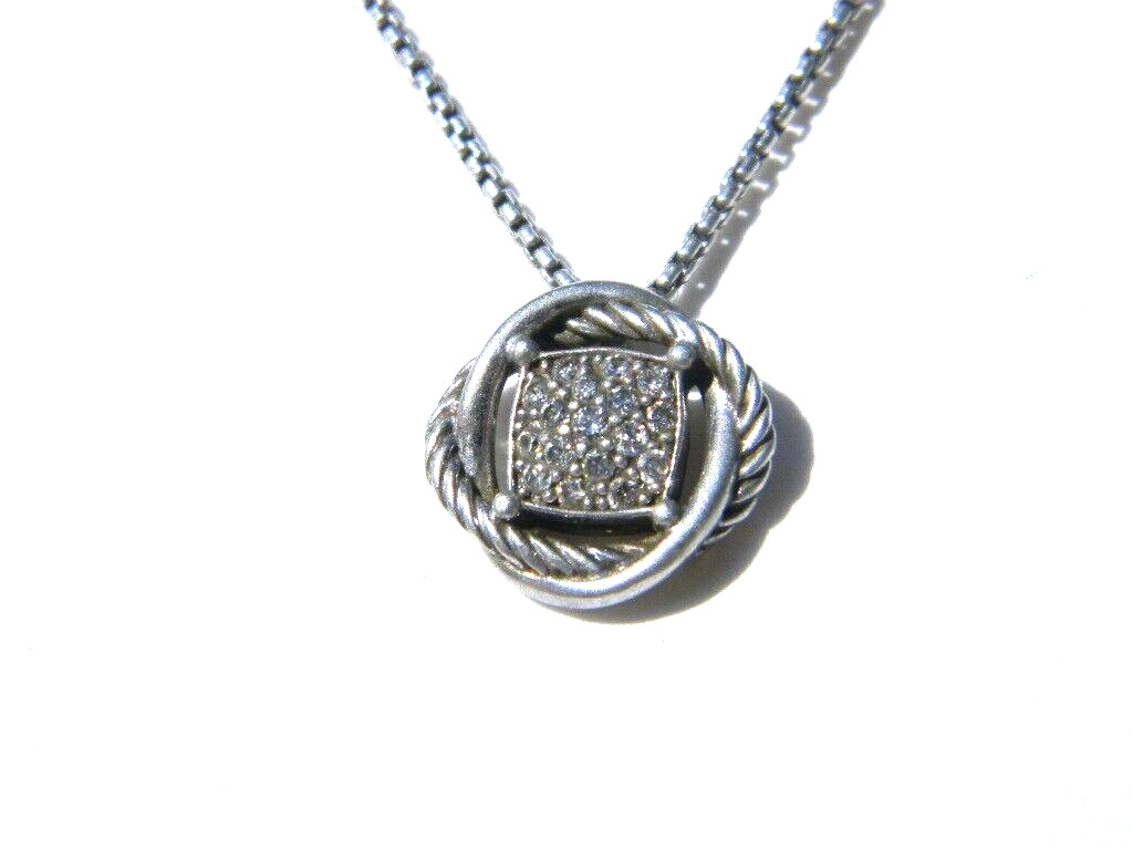 David Yurman Sterling Silver Pave Diamond Pendant Necklace 18”