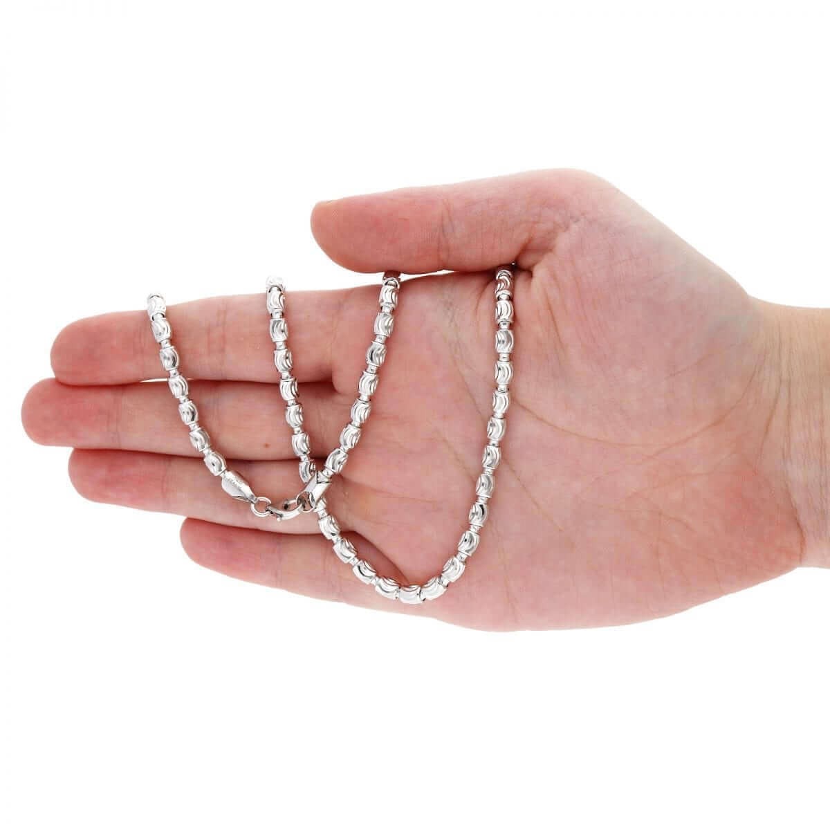 925 Silver 2mm-4mm White Half Moon Cut Oval Barrel Beaded Chain Necklace 18″-26″