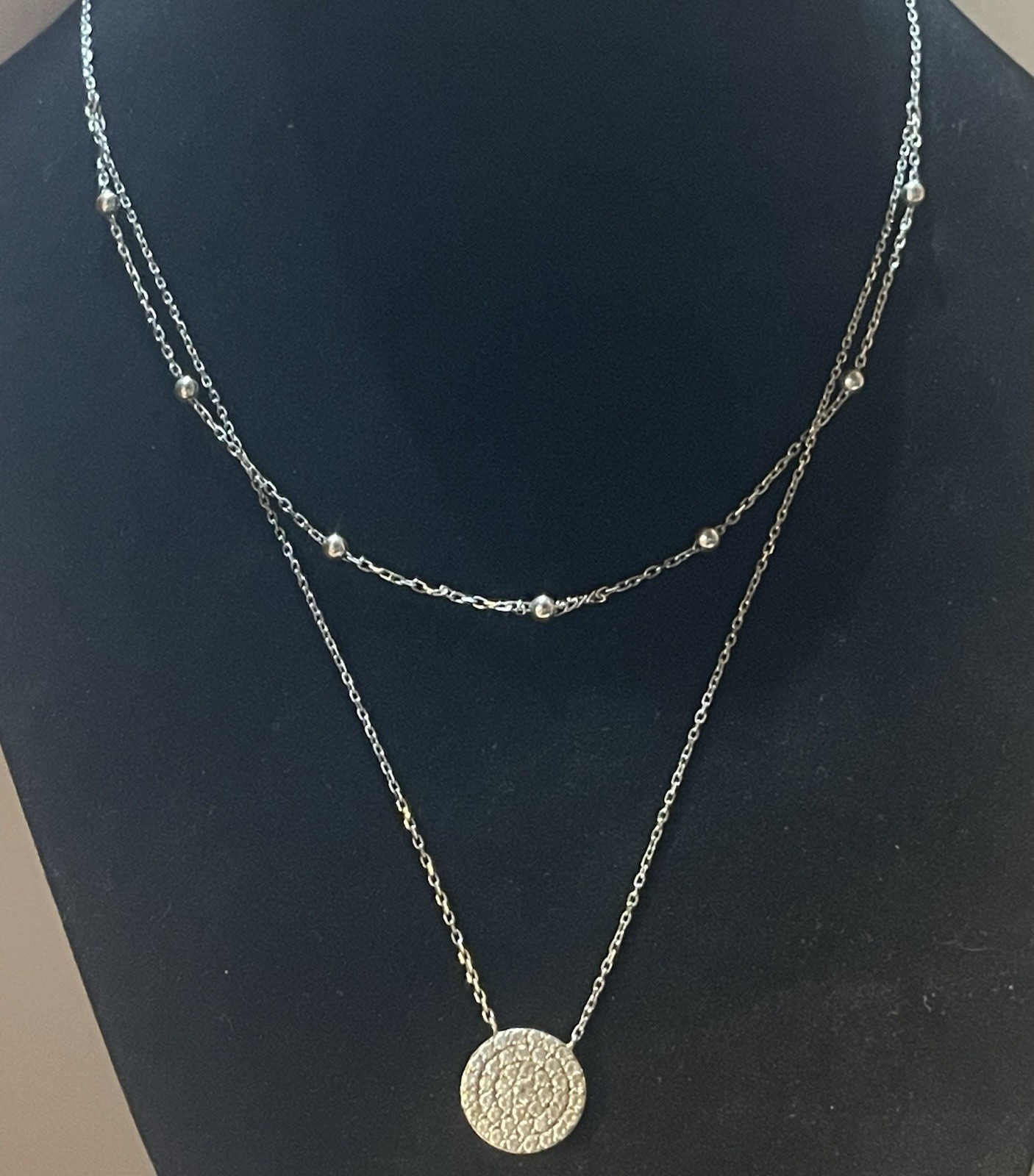 925 Sterling Silver Layered Beaded Clear Stone Pendant Necklace