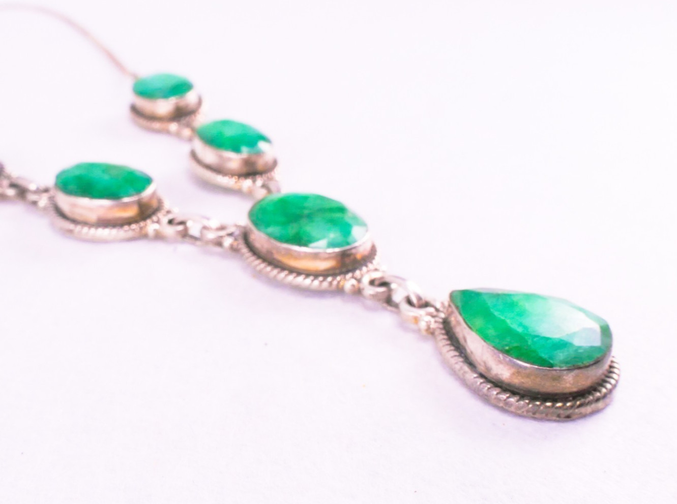 925 Sterling Silver Faceted Raw Emerald Y Drop Necklace 16-17″ 26.94 Grams