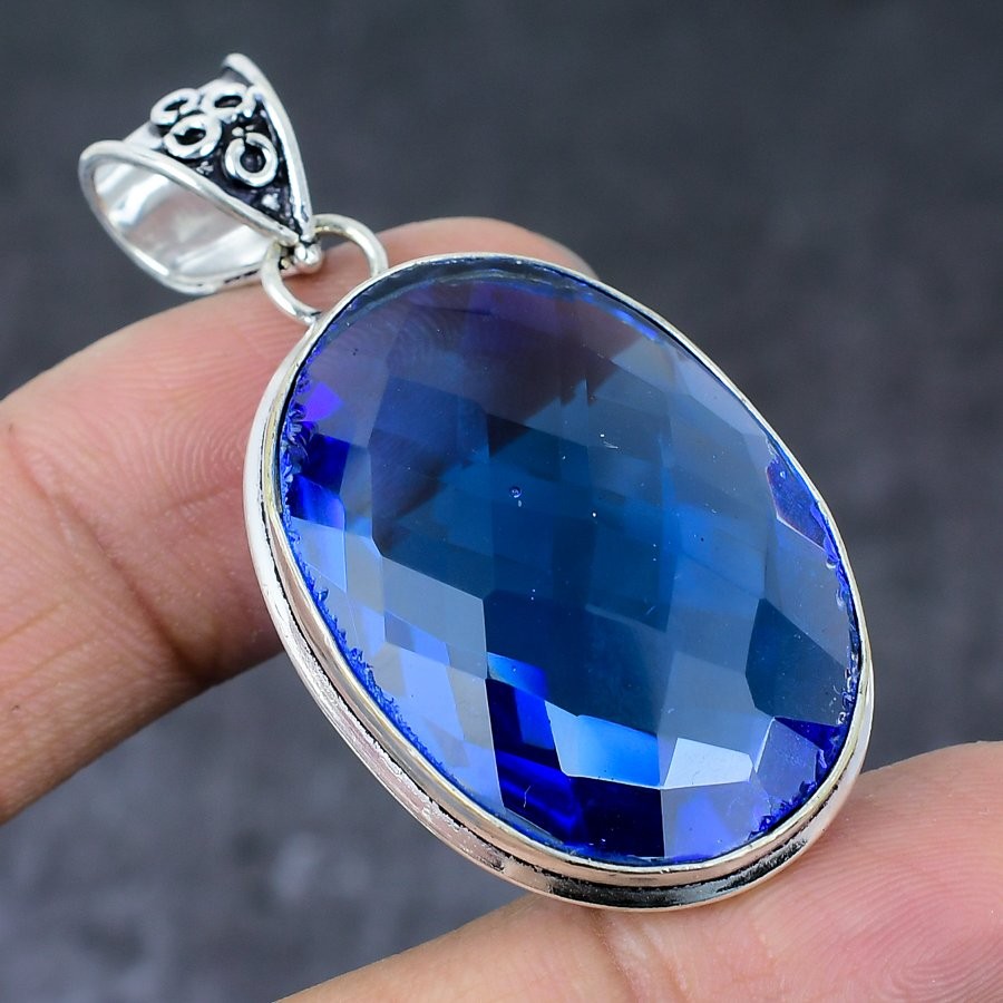 London Blue Topaz Gemstone Handmade 925 Sterling Silver Gift Pendant 2.17″ I840