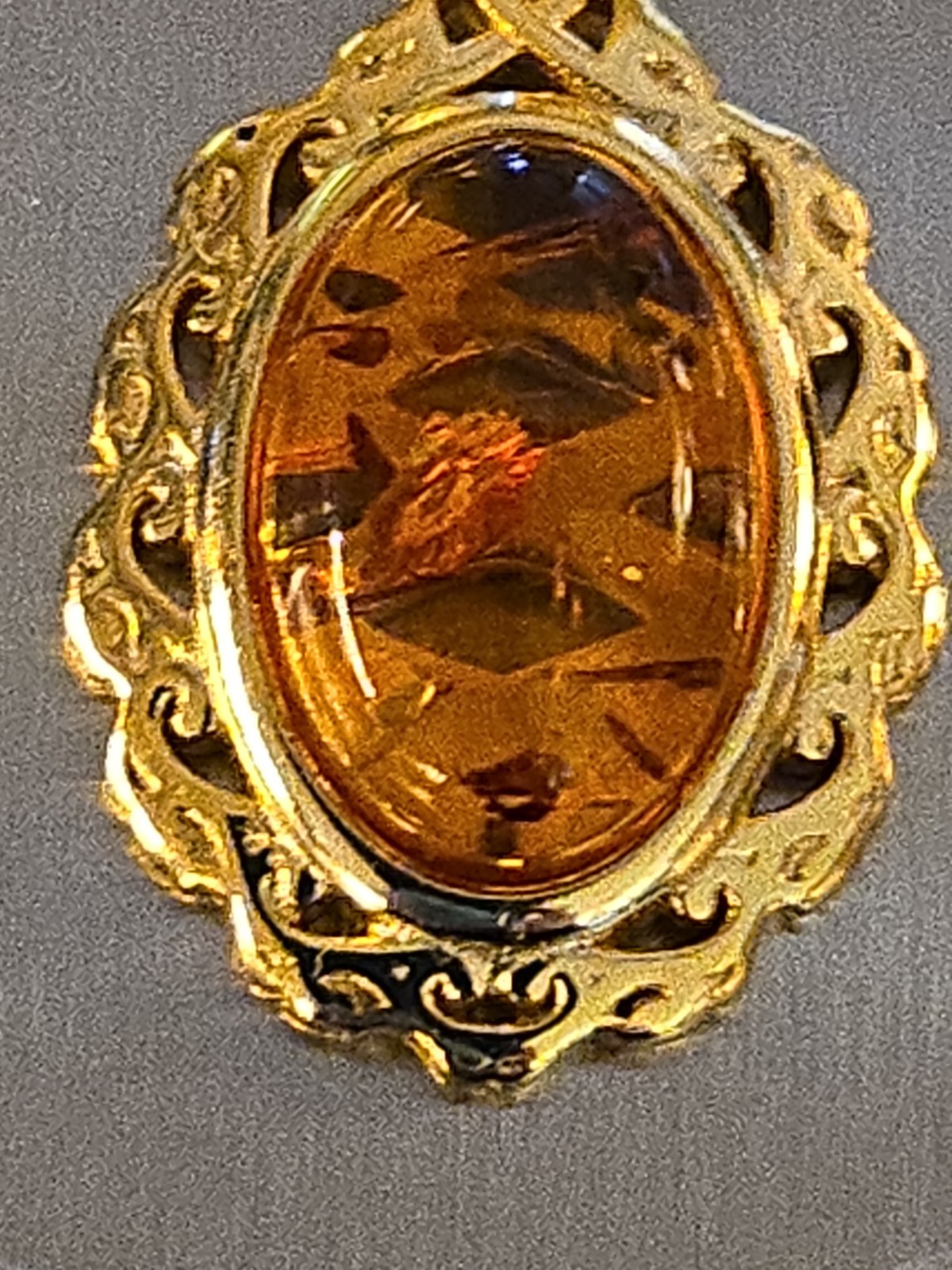 Baltic Amber Stone Pendant Open Scrollwork Vermeil ( Stamp 925) Signed 3.4 Grams