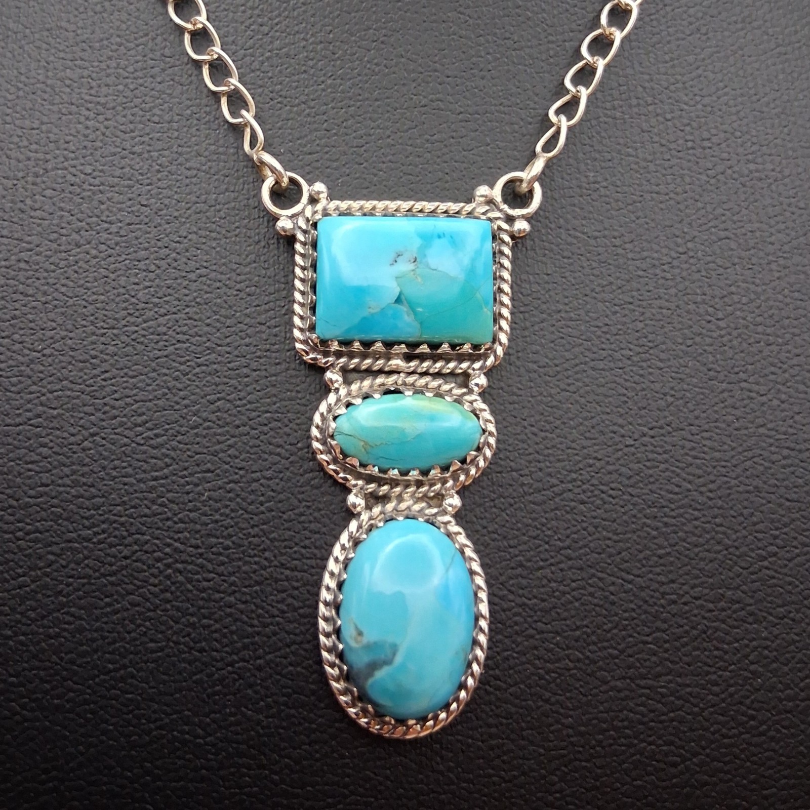 Kingman Turquoise 3 Stone Pendant Necklace 14-19in Sterling Silver Southwestern