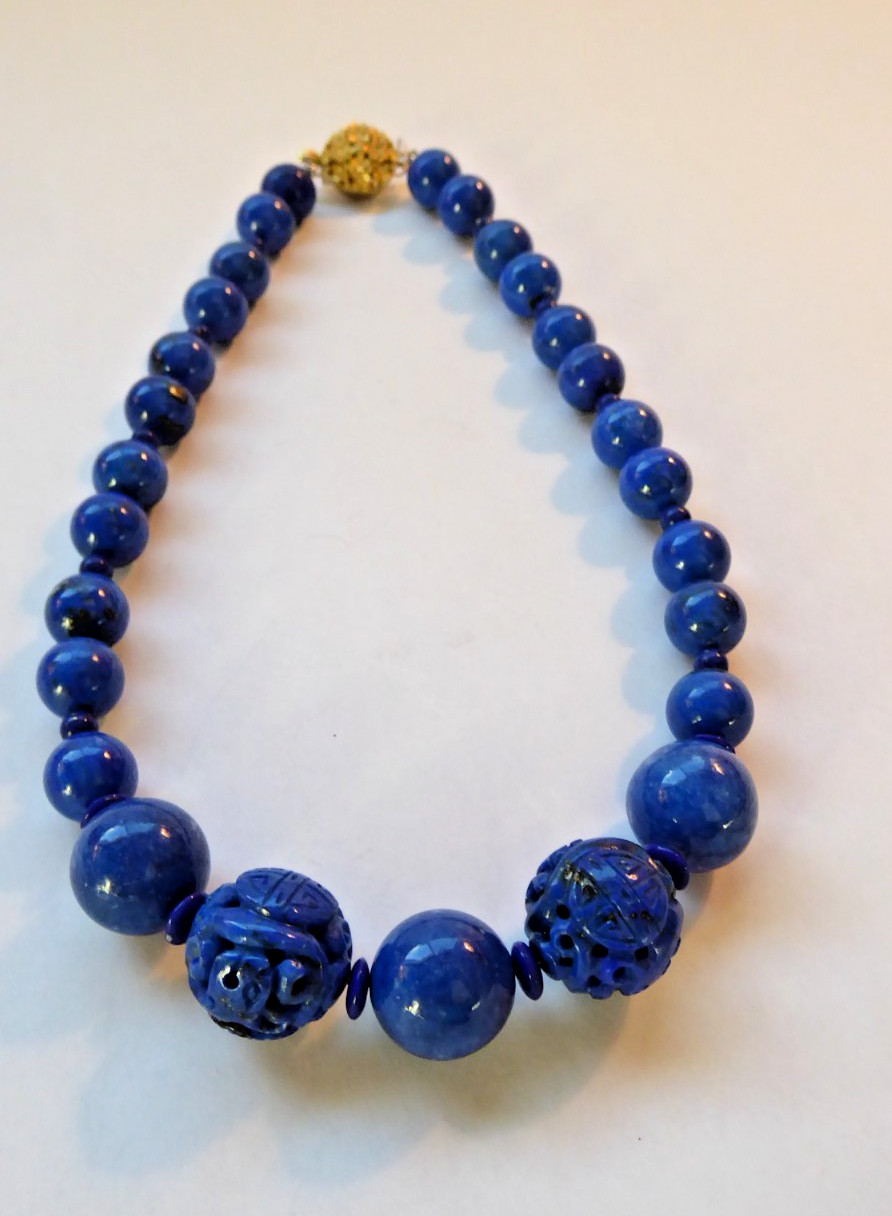 Carved Lapis Lazuli Bead Statement Necklace 15″ long 15mm & 9mm Round beads Asia