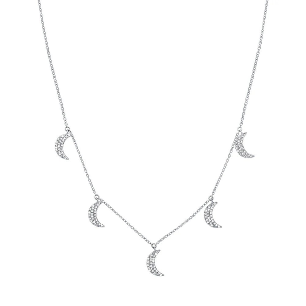 Crescent Studded Diamond Station Chain Necklace 14k Solid Gold Christmas Gifts