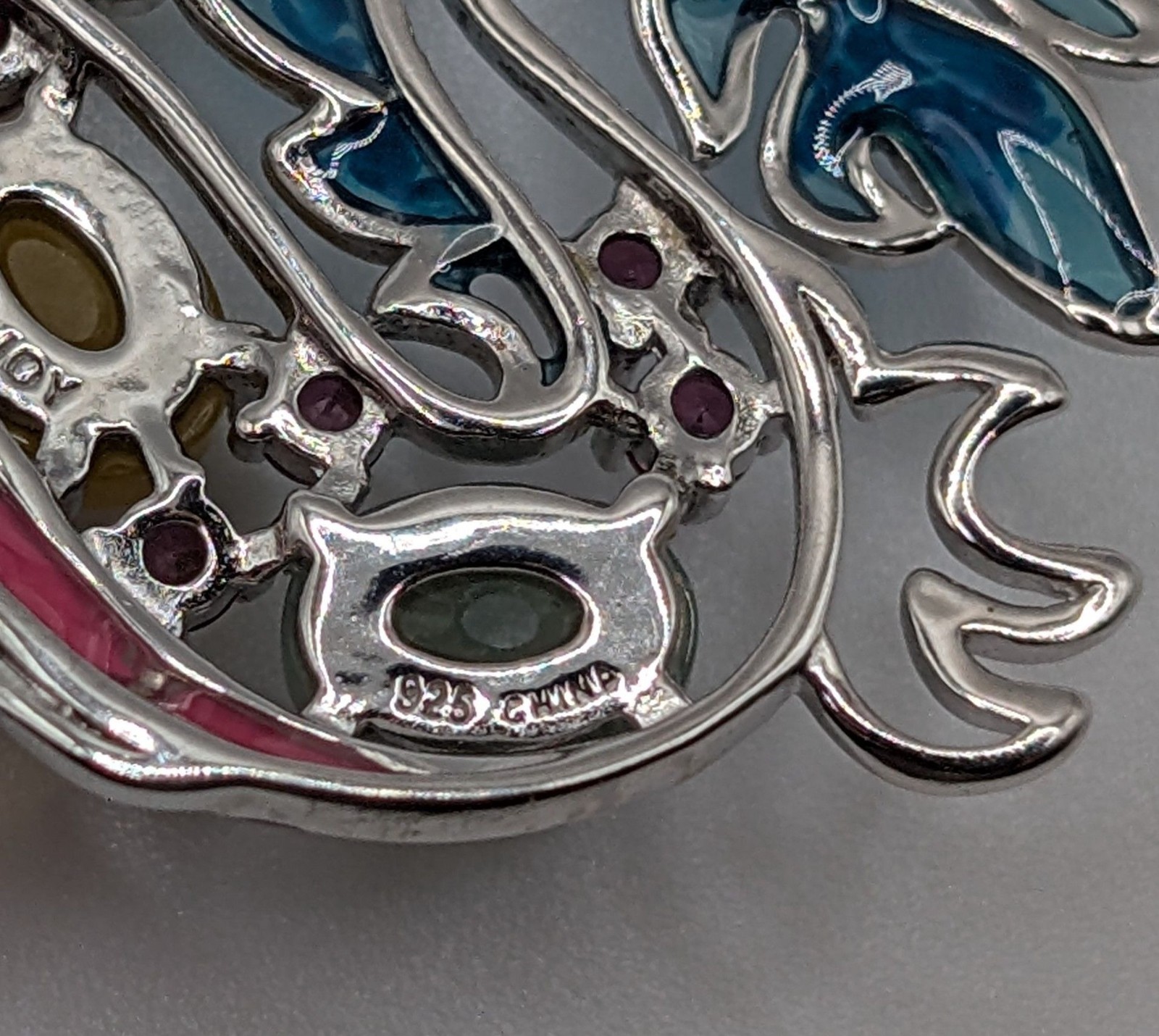 Jade of Yesteryear Sterling Silver Dragon Necklace Genuine Jade & Coloured Epoxy