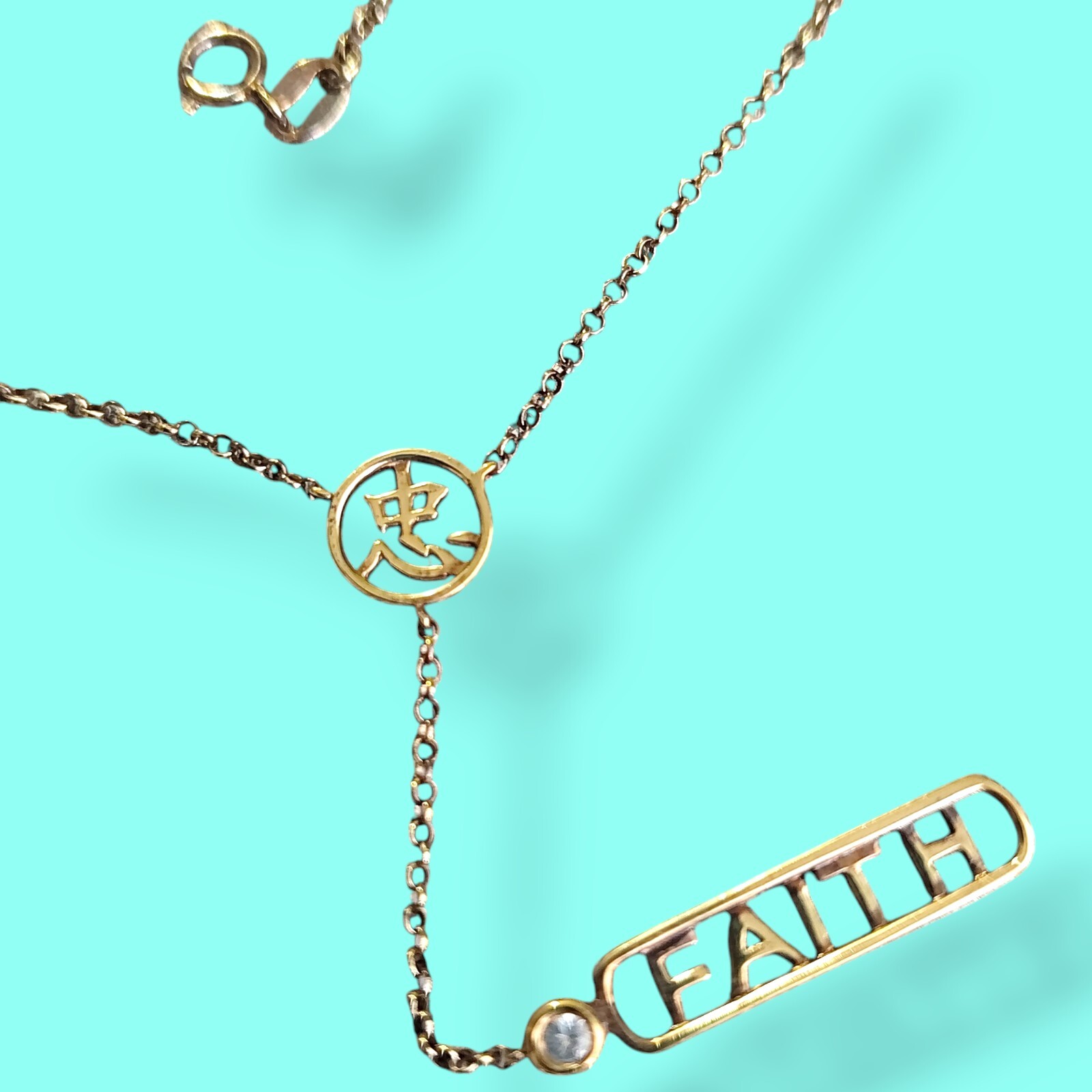 Italy Gold Plated Sterling Silver 925 & Diamond Faith Lariat Necklace 19in