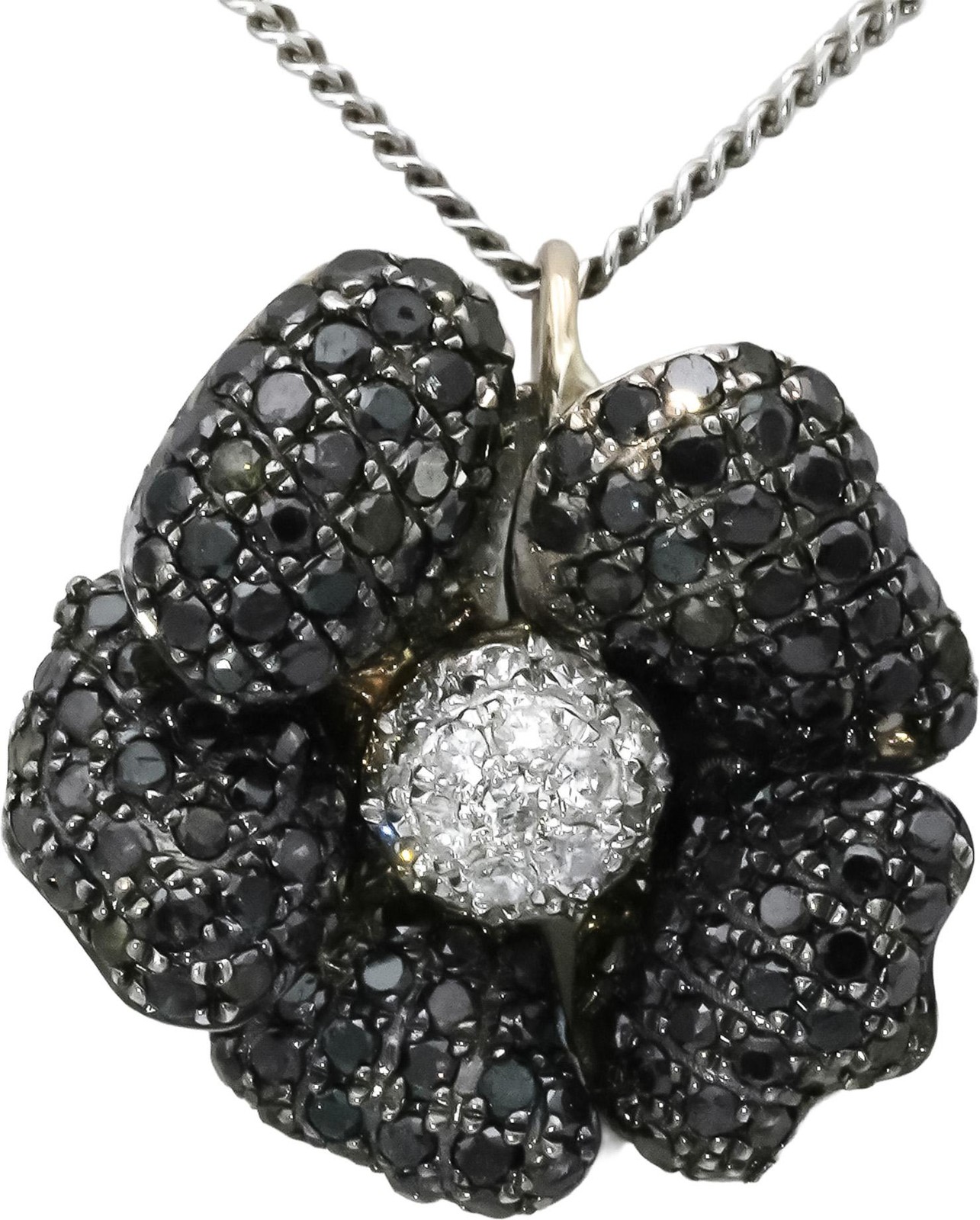 18k White Gold White and Black Diamond Cluster Flower Pendant Necklace 1.25CT