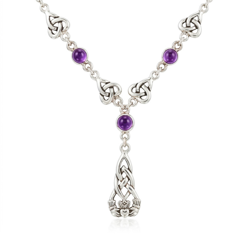 Vintage 925 Sterling Silver Amethyst Celtic Irish Claddagh Necklace