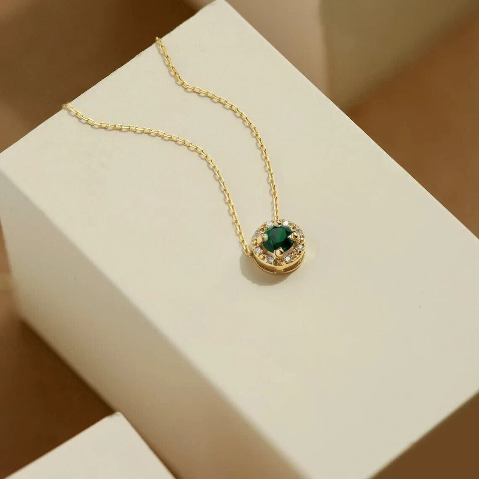 14K Yellow Gold Plated 1Ct Round Cut Lab Created Emerald Women Pendant Necklace