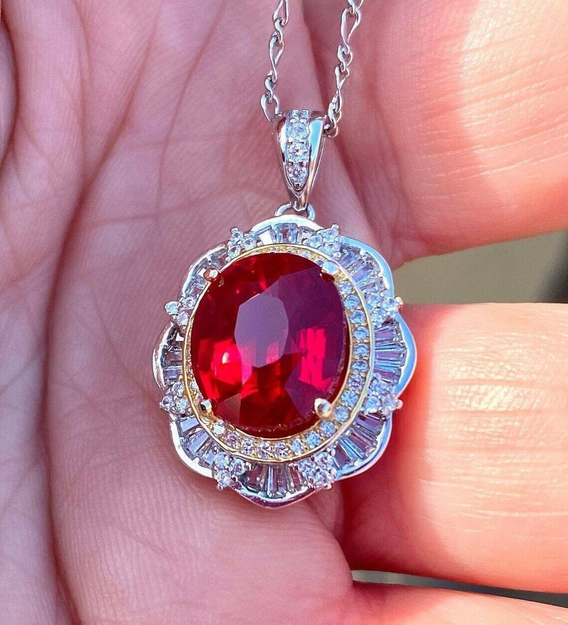 3.50Ct Oval Cut Red Ruby Halo Pendant 14K White Gold Finish With 18″ Free Chain