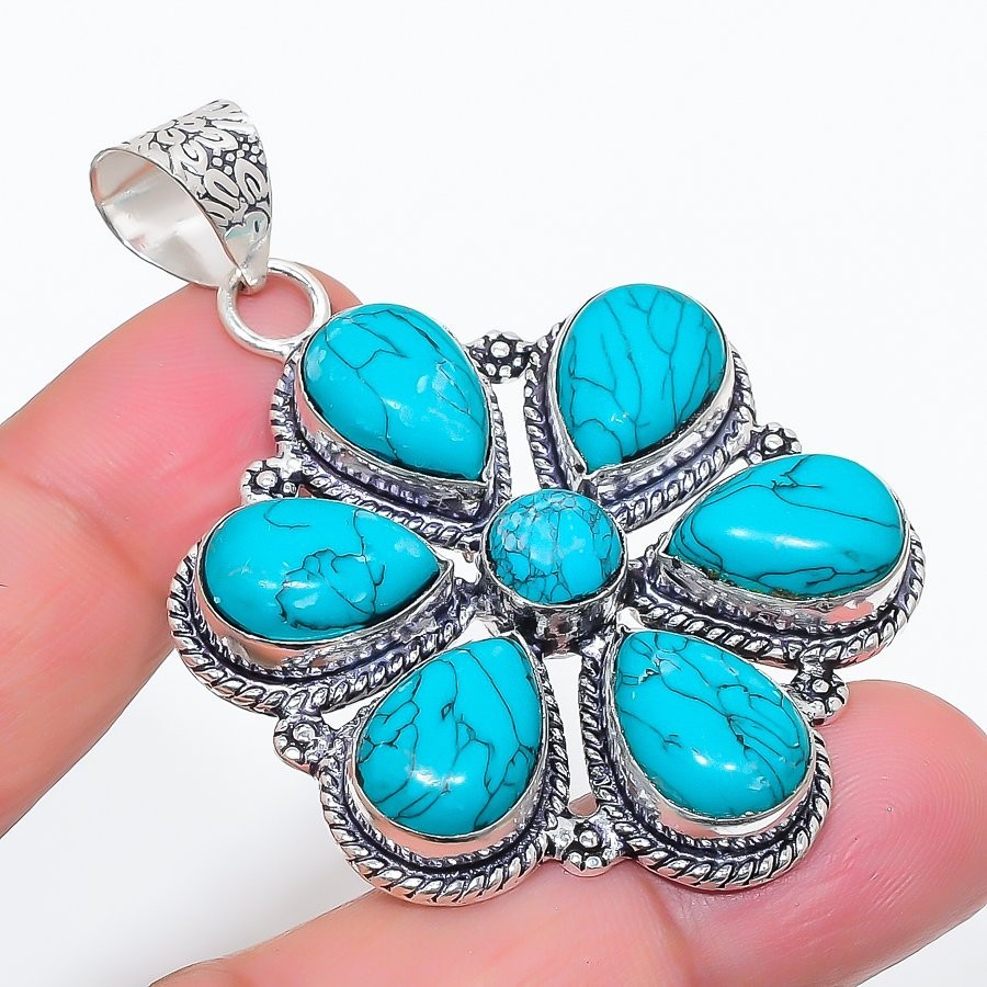 Blue Turquoise Gemstone Handmade 925 Sterling Silver Jewelry Pendant Size 2.5″