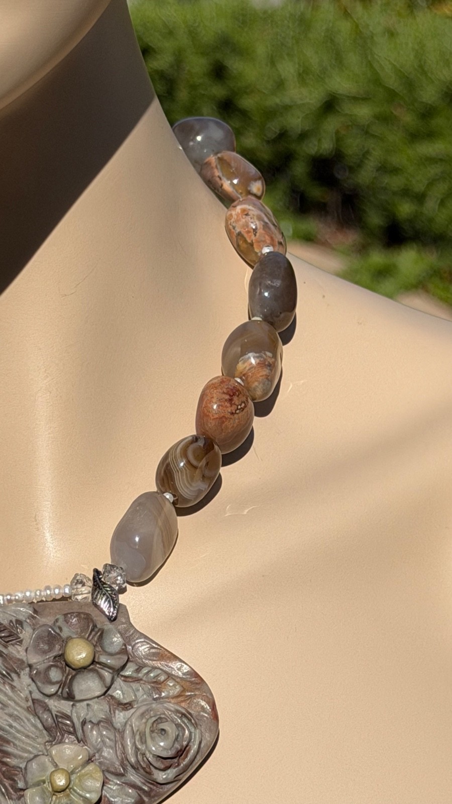 HAND CARVED EARTH MOTHER POLYCHROME JASPER PENDANT NECKLACE AND EARRING SET