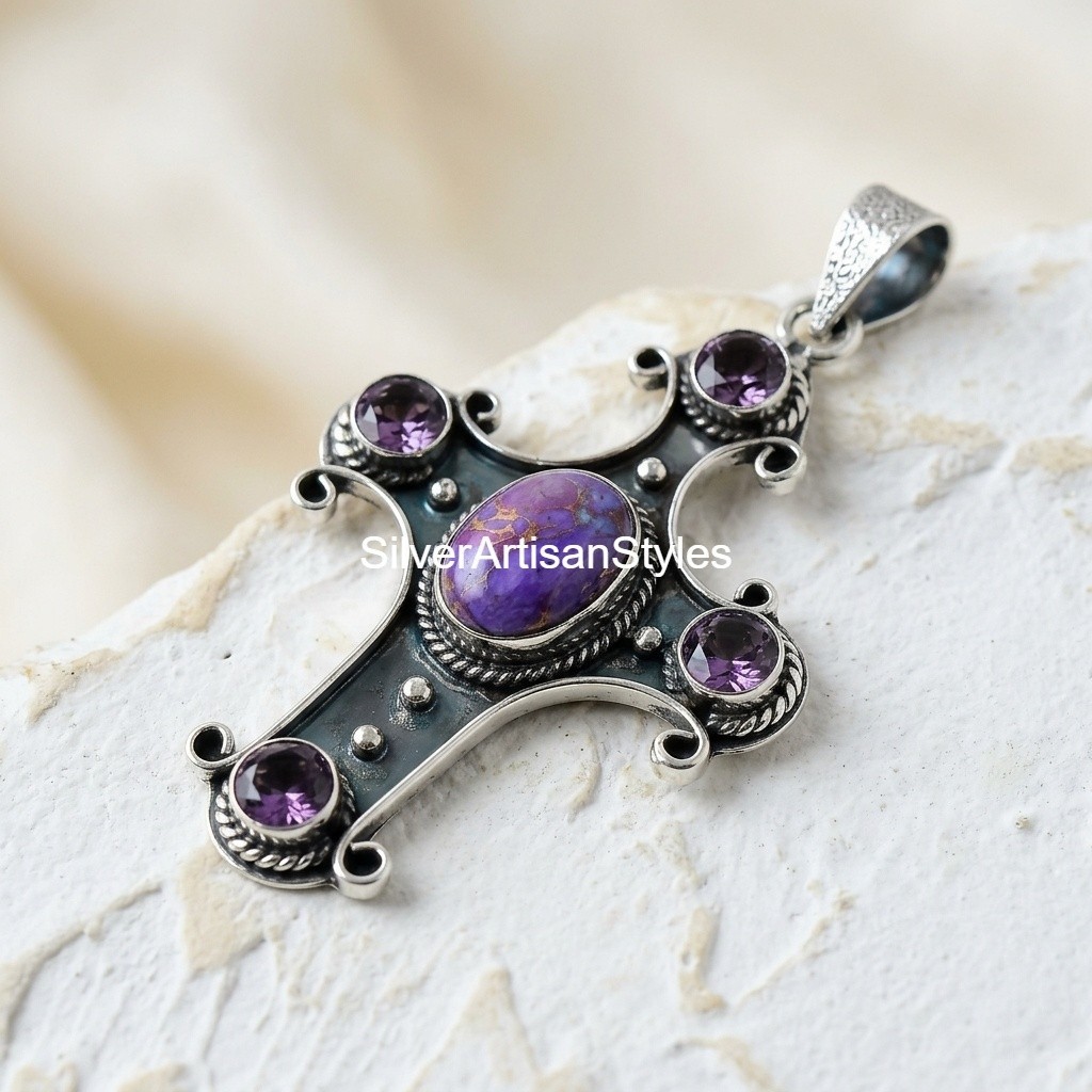 Purple Turquoise, Amethyst Gemstone Handmade 925 Sterling Silver Pendants Gifts
