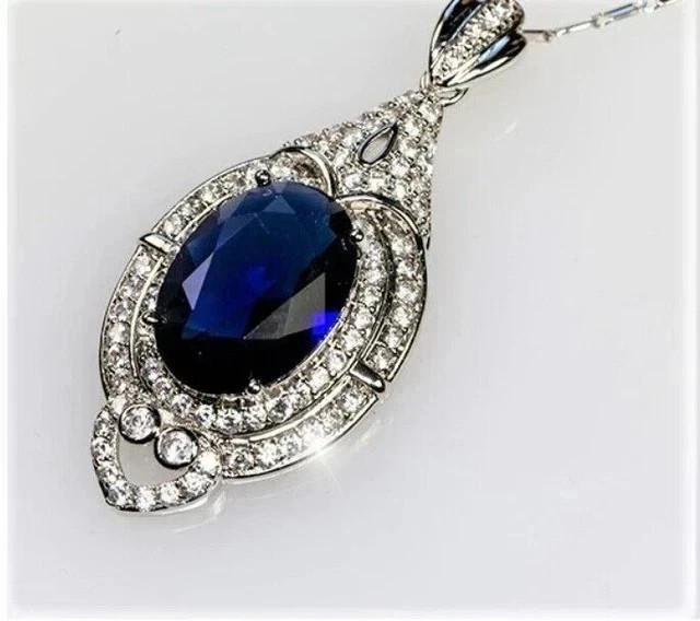 3.20Ct Oval Cut Lab Created Blue Sapphire Halo Pendant 14K White Gold Plated