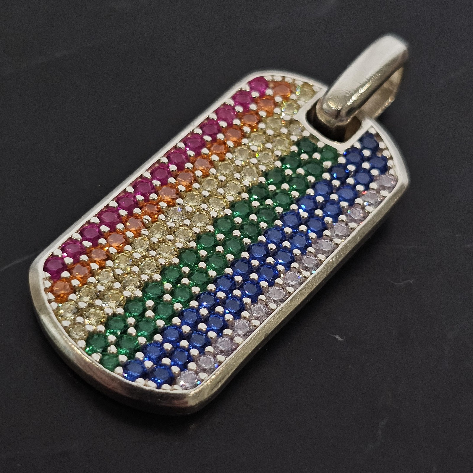 David Yurman Chevron 35mm Dog Tag Pendant Sterling Rainbow Pave 4.53ct 5950
