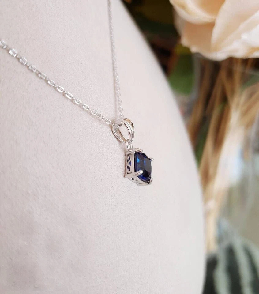 2 CT Cushion Solitaire Blue Sapphire Pendant With Free Chain 14K White Gold FN