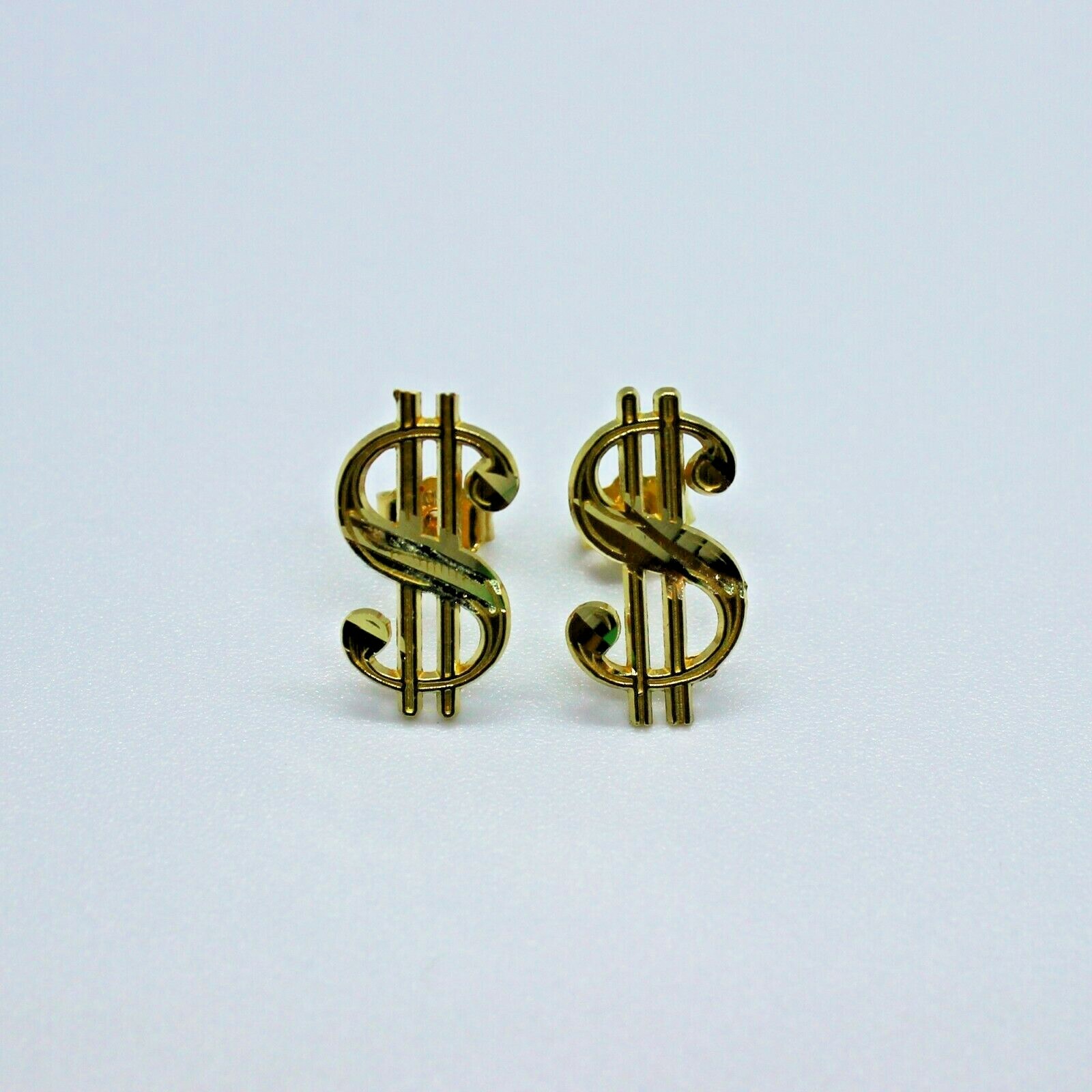 10K Solid Yellow Gold Dollar $ Sign Money Stud Earring Push Back 2 Size