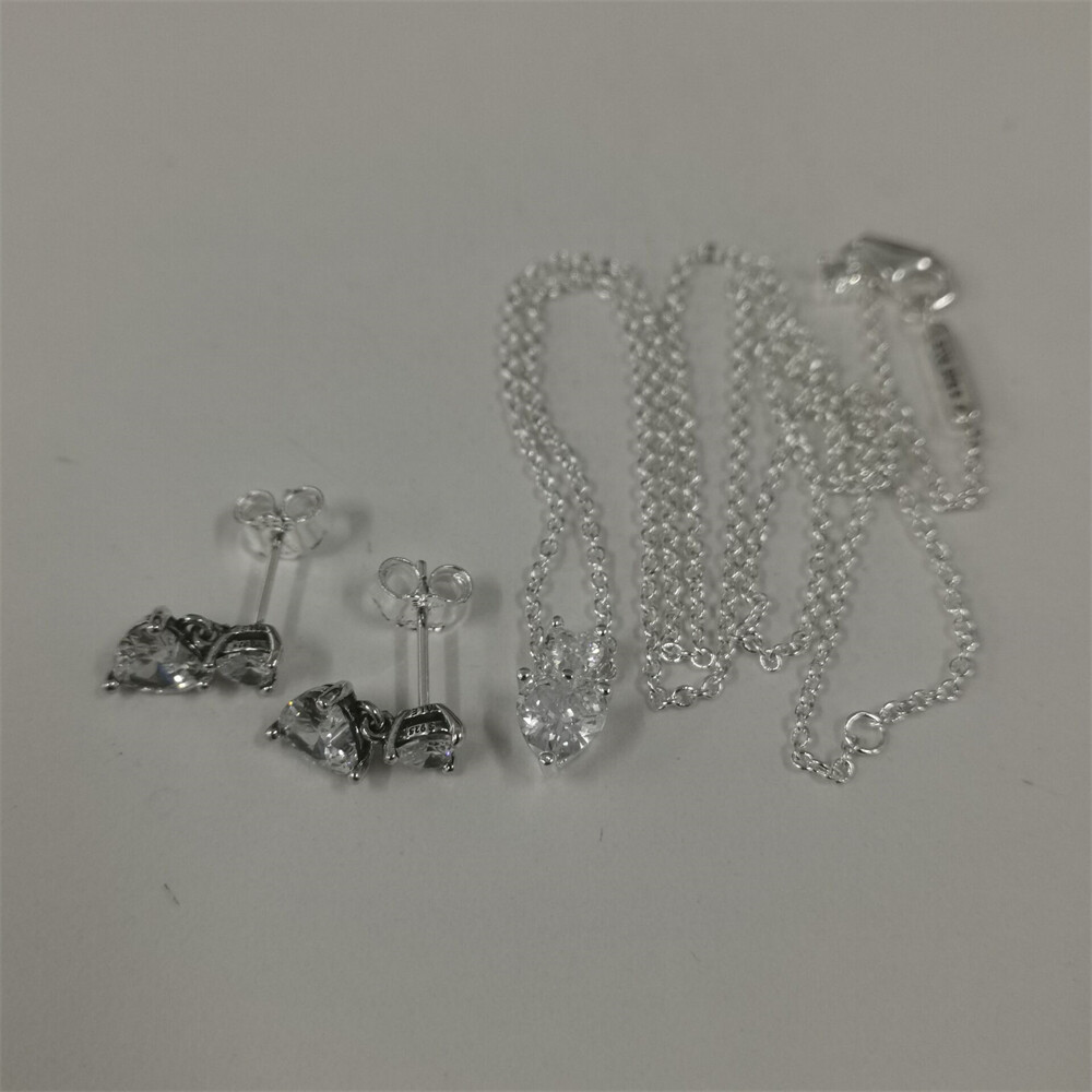 Pandora Sparkling Double Stud Earrings Pendant Necklace set-45cm