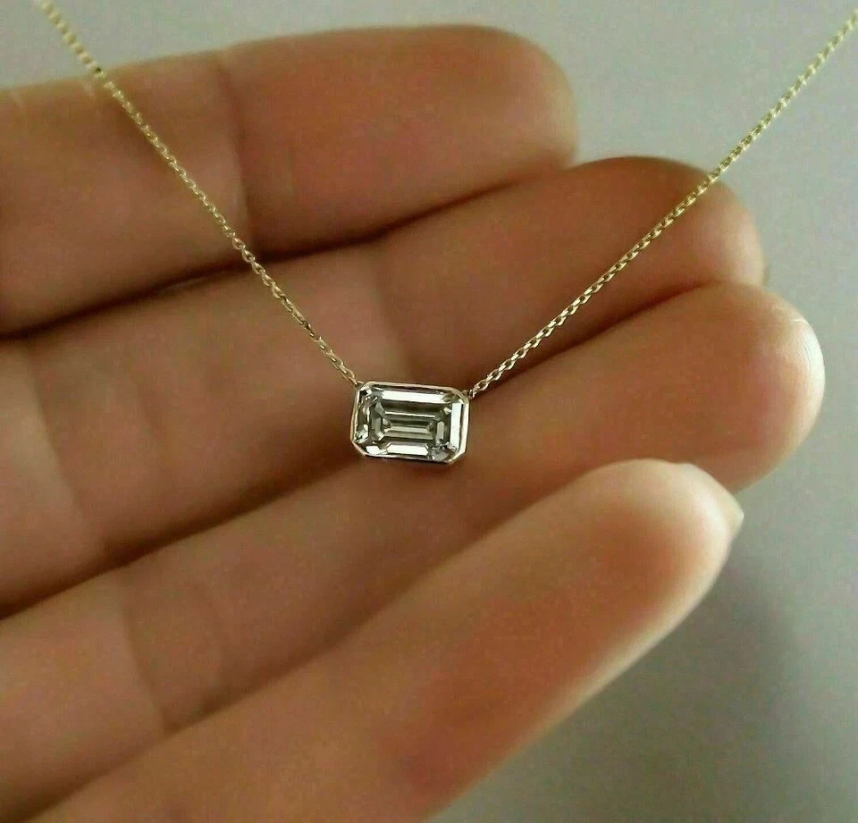 2.00Ct Emerald Cut Lab Created Moissanite Solitaire Pendant 14k Gold Plated