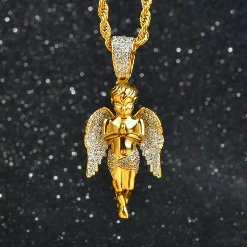 Praying Angel Charm Without Chain Pendant Round Diamond 14K Yellow Gold Finish