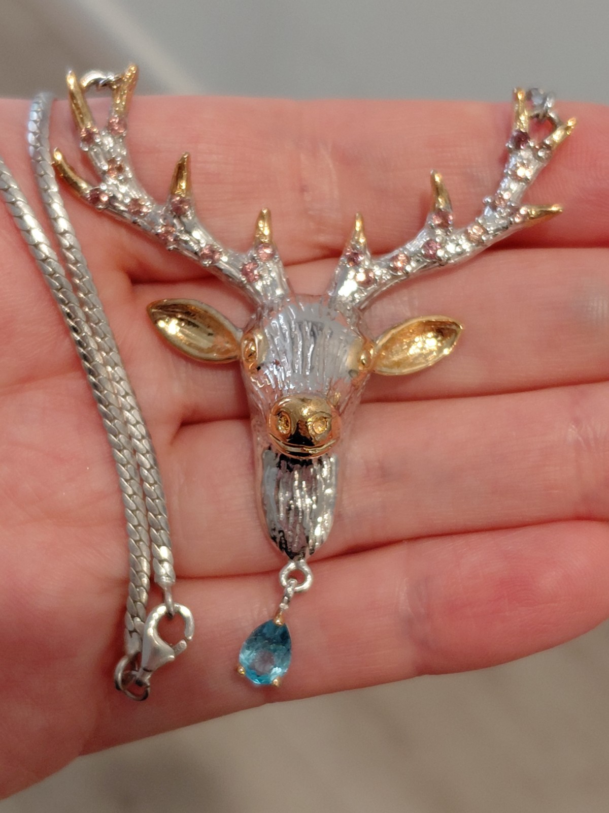 Blue Topaz and Orange Sapphire Gold Plated Deer Sterling Silver Necklace