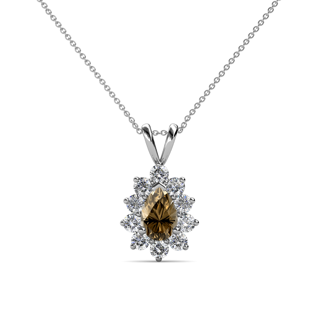 Pear Smoky Quartz and Diamond Halo Pendant 0.95 ctw in 14K Gold JP:77606