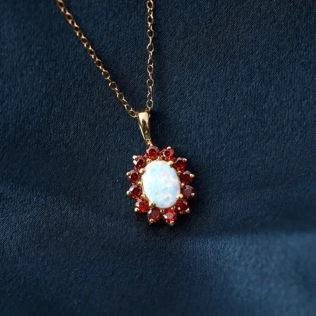 2Ct Oval Lab Created Garnet Opal Cluster Pendant Necklace 14k Yellow Gold Plated