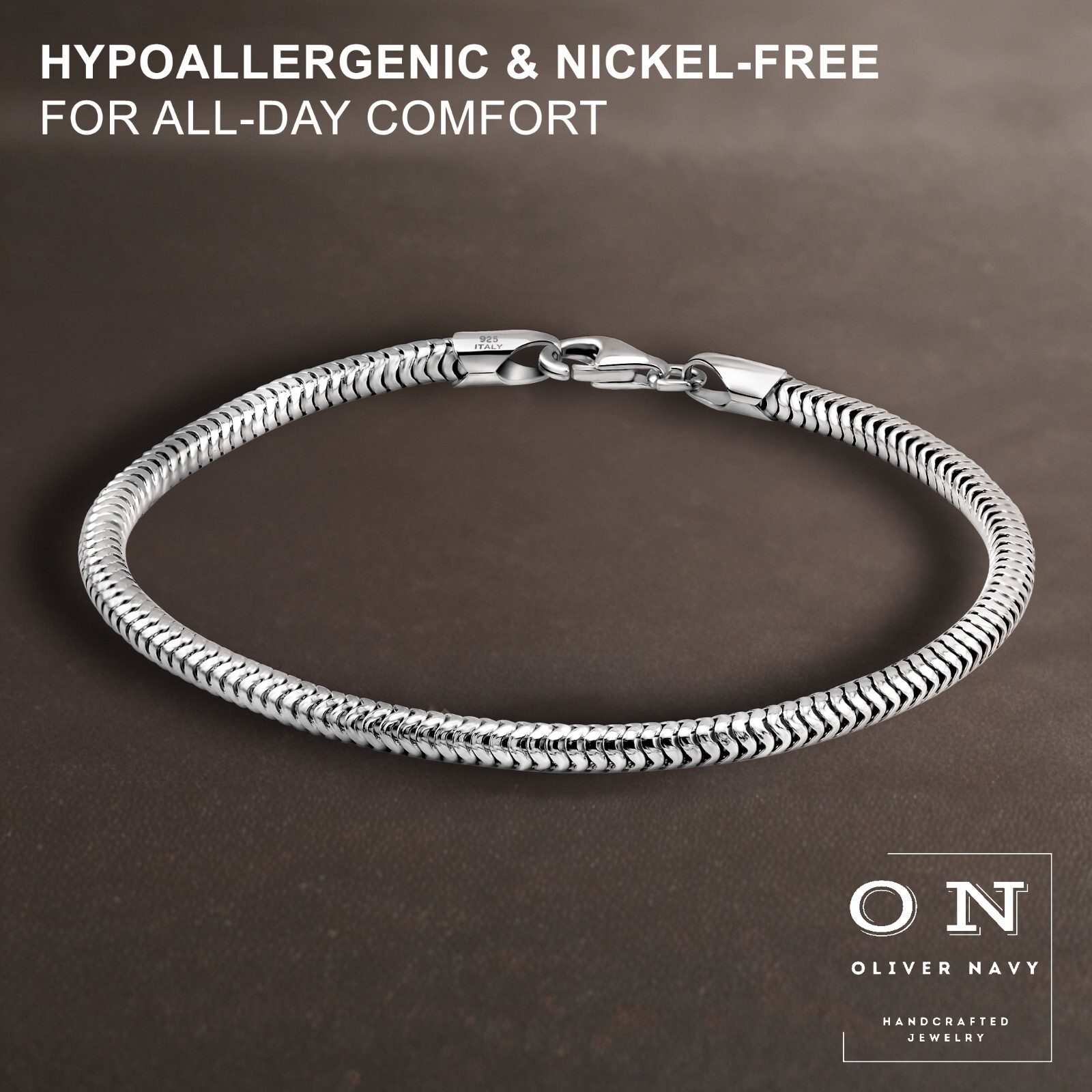 925 Sterling Silver 3mm Round Snake Chain Bracelet Anklet 7″ 8″ 9” 10” Italian