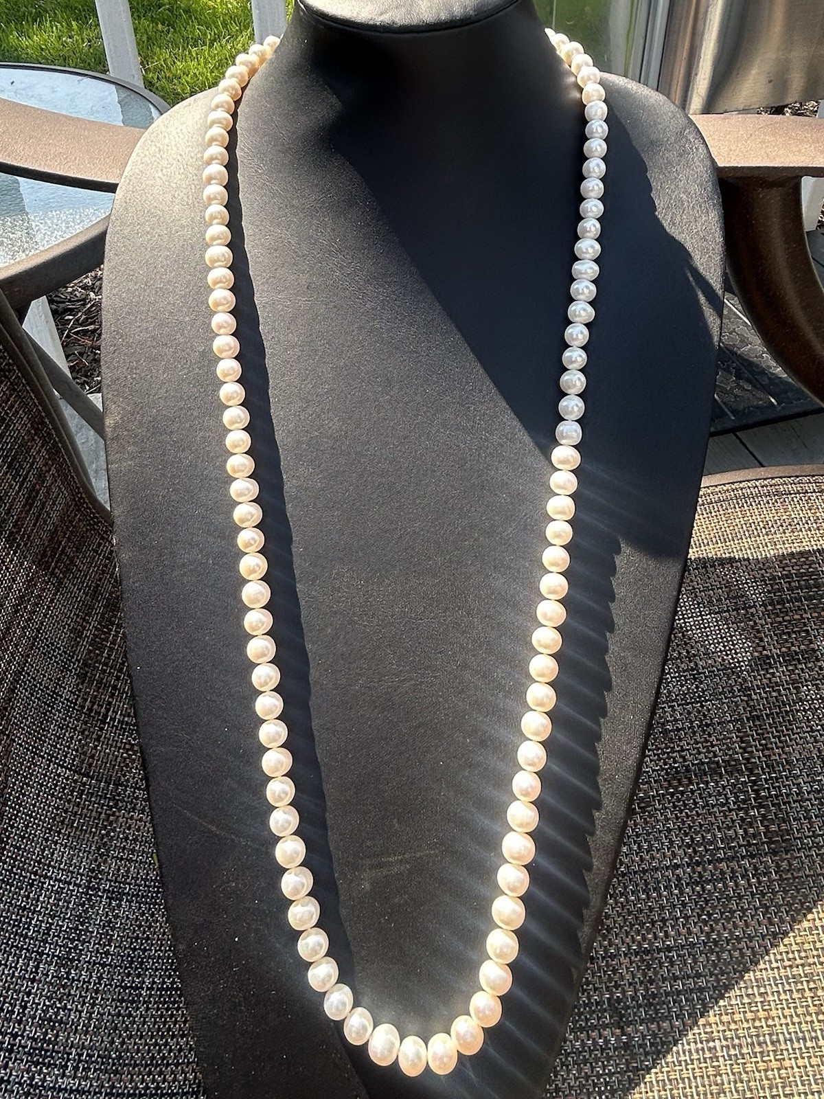 Vintage 34” Cultured Pearl Necklace 14K Gold Clasp Knotted 7.5-8mm Estate