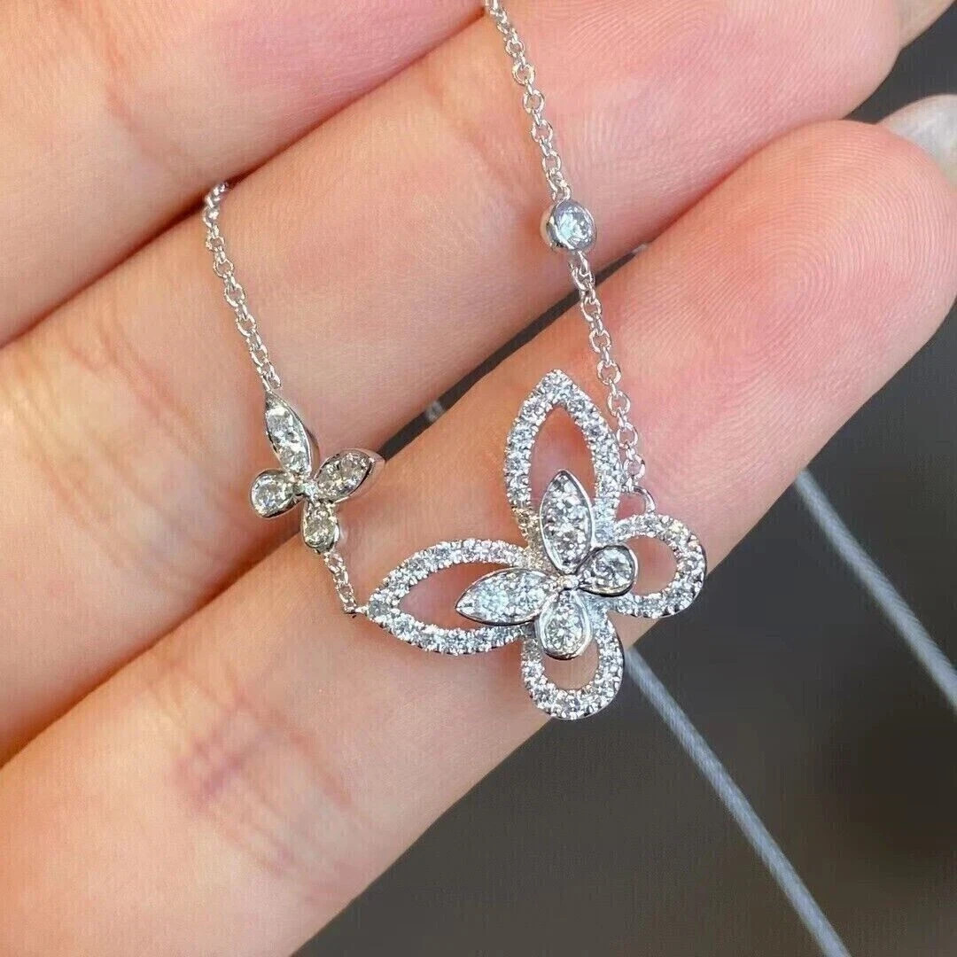 2Ct Round Cut Lab Created Diamond Gorgeous Butterfly Necklace 14k White Gold FN