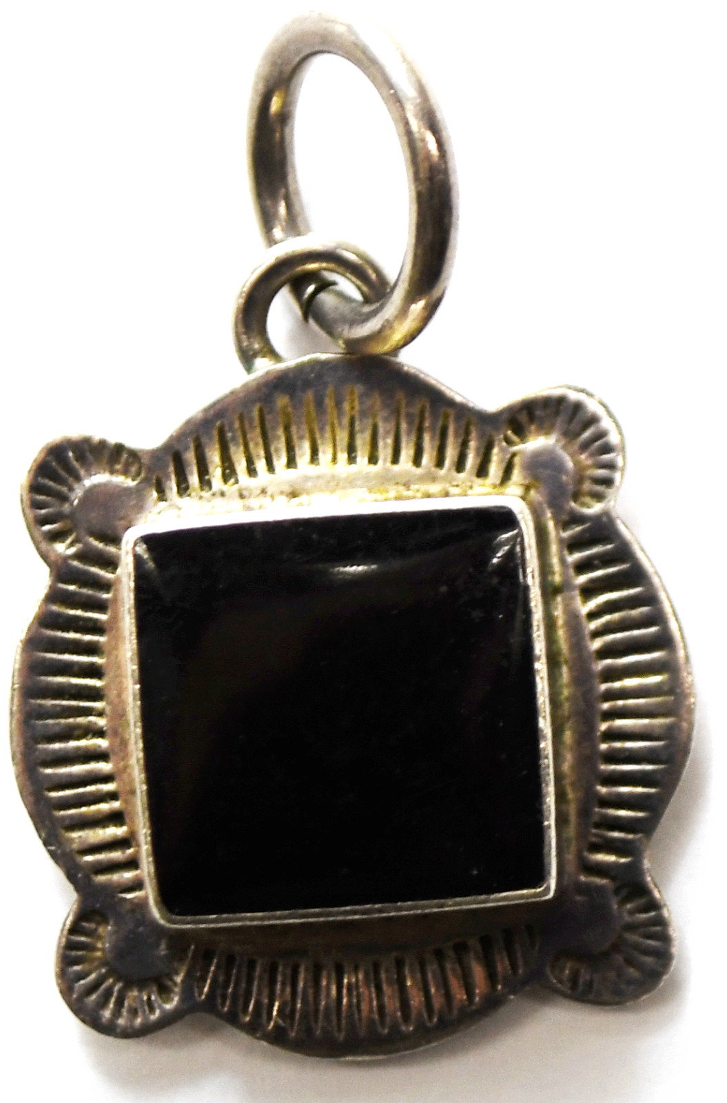 Sterling Square Black Onyx Flower Daisy Reversible Pendant Charm 26mm x 21mm