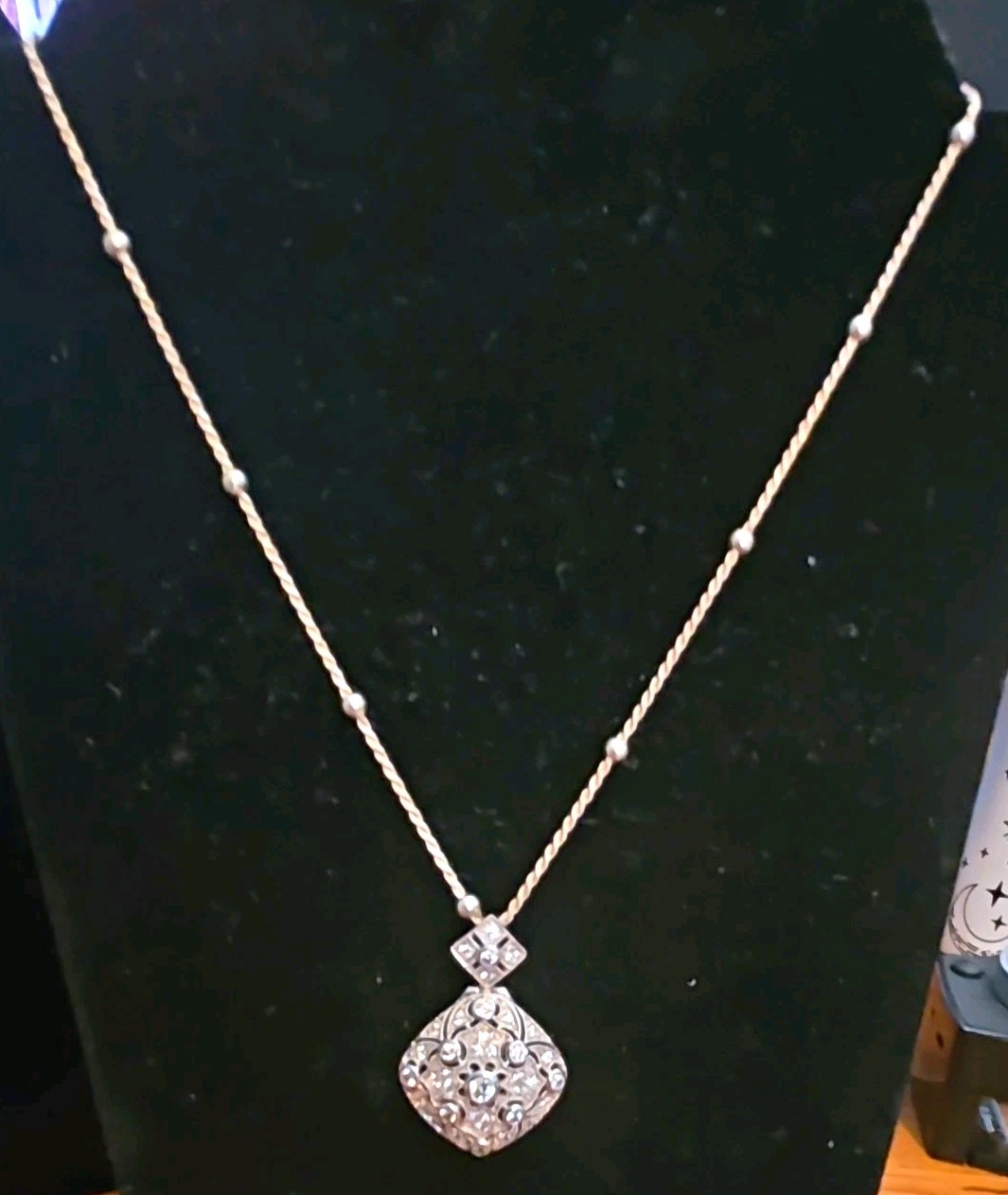 925 Sterling Silver Rope Chain Square Charm Pendant Necklace Clear Glass