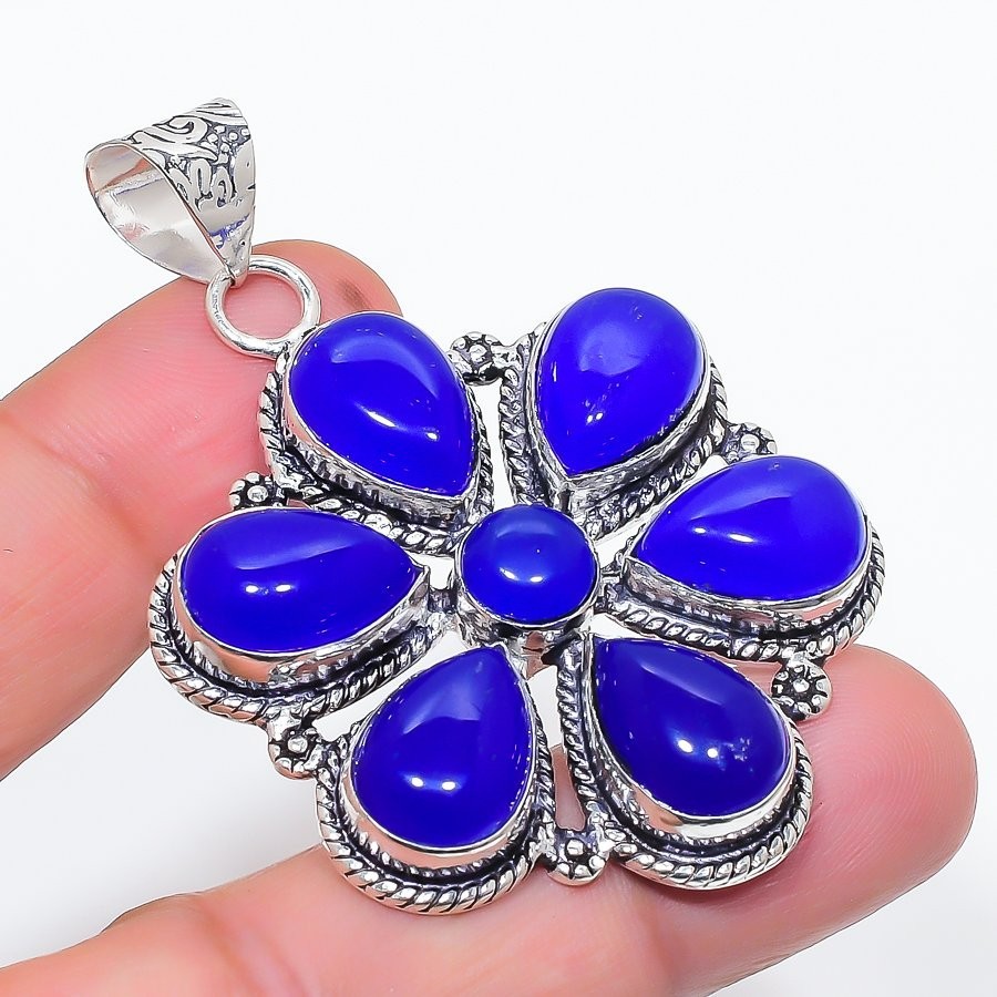 Blue Onyx Gemstone Handmade 925 Sterling Silver Jewelry Pendant Size 2.5″