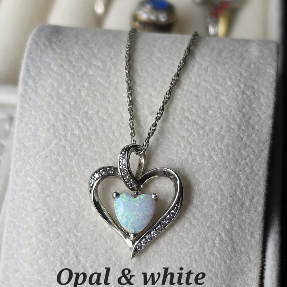 Opal Heart Shape With White Sapphire 18in. Sterling Silver Necklace