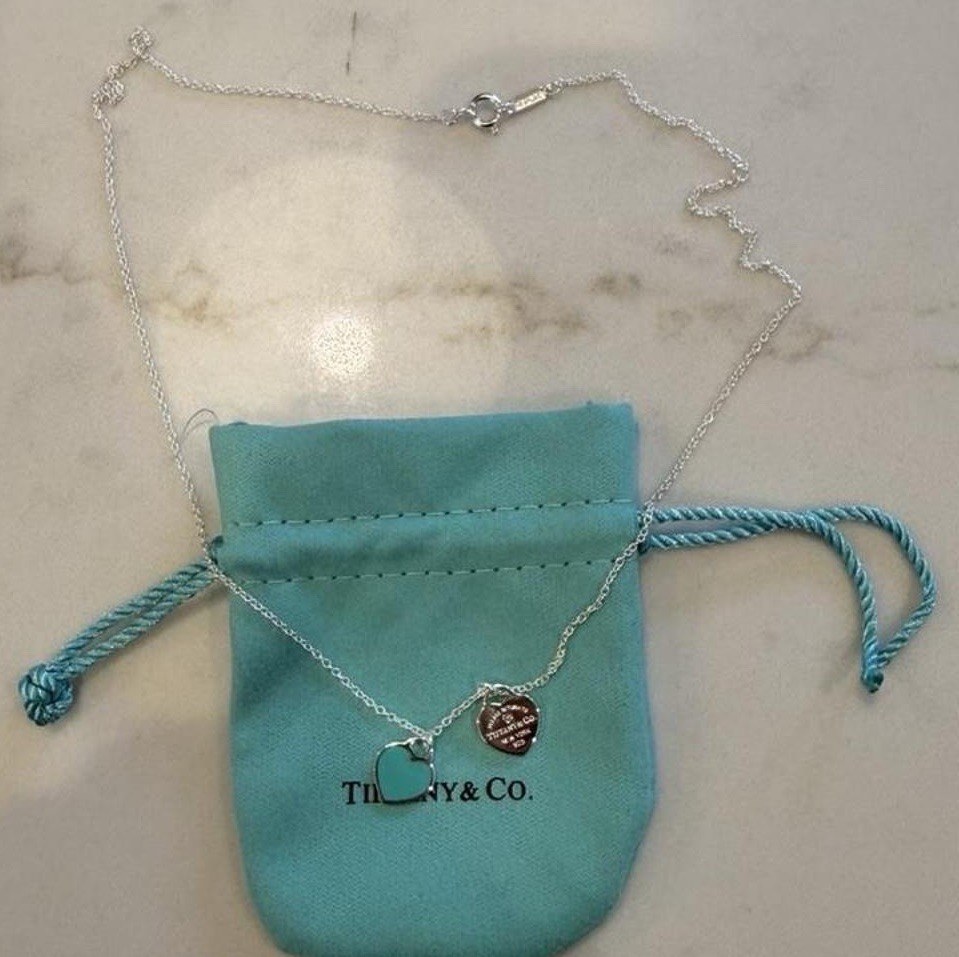 Please Return Tiffany & Co Silver Mini Double Heart Blue Enamel 16″ Necklace