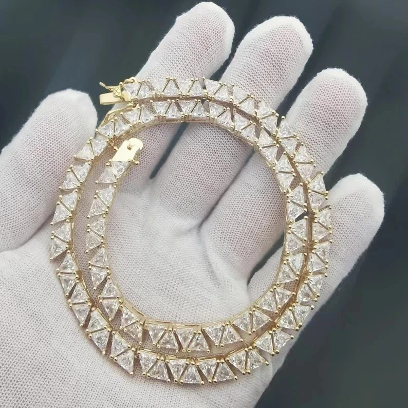 20T CW Trillion Cut Lab Created Diamond Tennis Necklace 14k Yellow Gold Plated