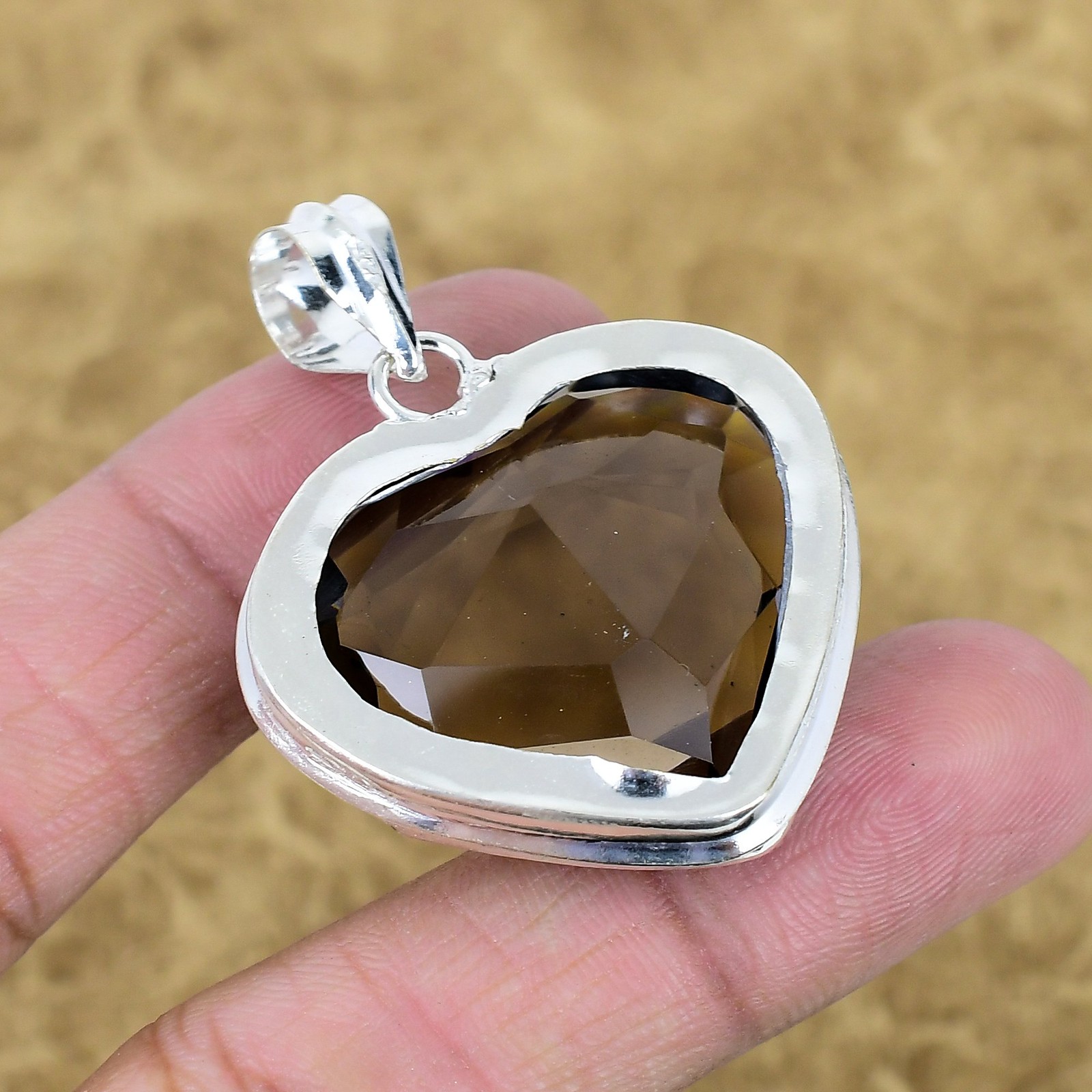 Faceted Smoky Quartz Gemstone Pendant 925 Sterling Silver Handmade Heart Jewelry