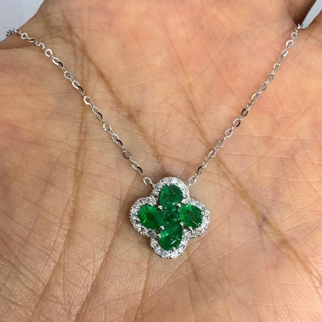 2.10Ct Pear Cut Lab Created Emerald Flower Pendant 14K White Gold Plated Silver