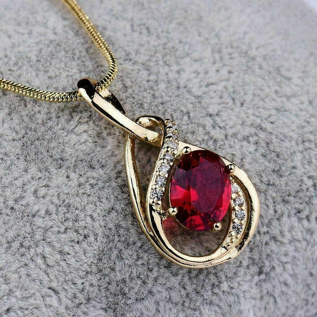 3Ct Oval Cut Red Ruby Solitaire Pendant 14K Yellow Gold Finish 18″ Free Chain