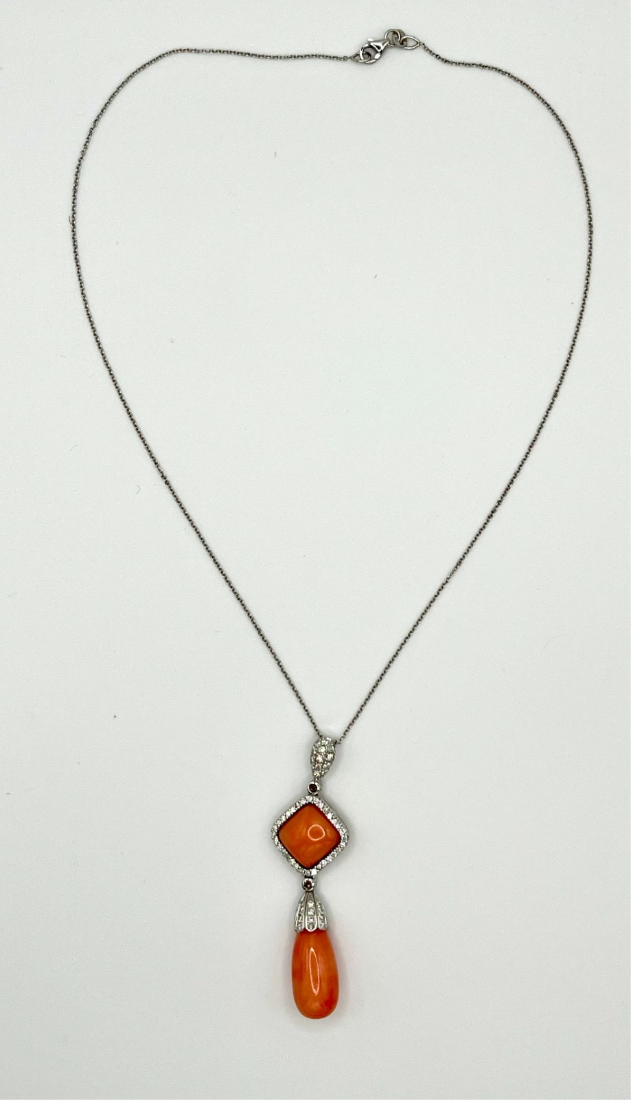 Pink Coral 18K White Gold Pendant and Necklace with Diamonds, 15″ Length
