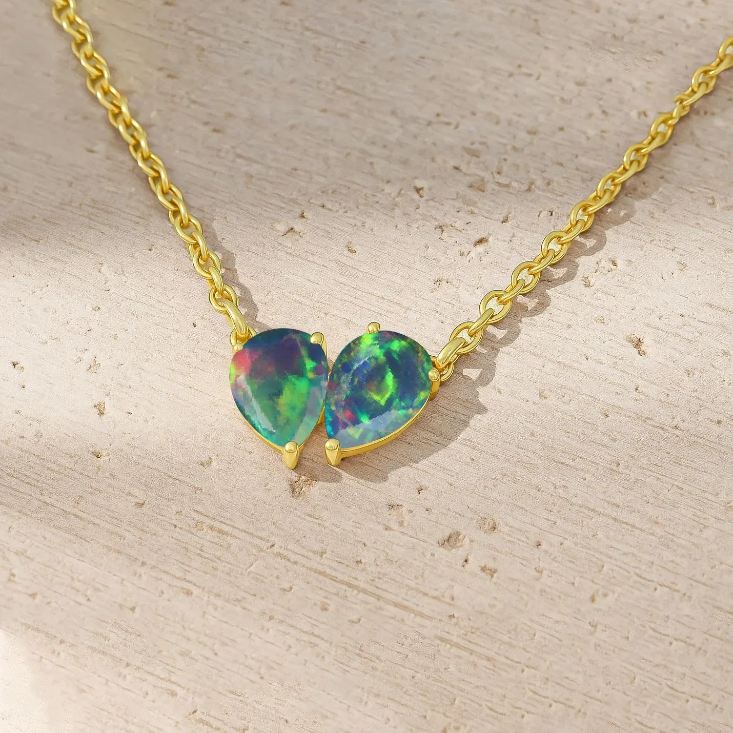 AAA Black Opal Dual Pear Gemstone Pendant, Natural Opal Chain Pendant Necklace