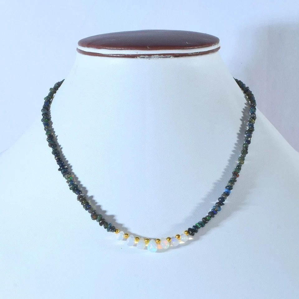 Natural Welo Fire Black Opal Nuggets Beads Necklace 925 Silver Handmade Chain