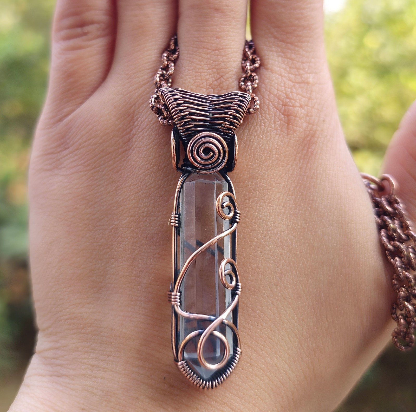Handmade Clear Quartz Healing Crystal Necklace Copper Wire Wrapped Pendant