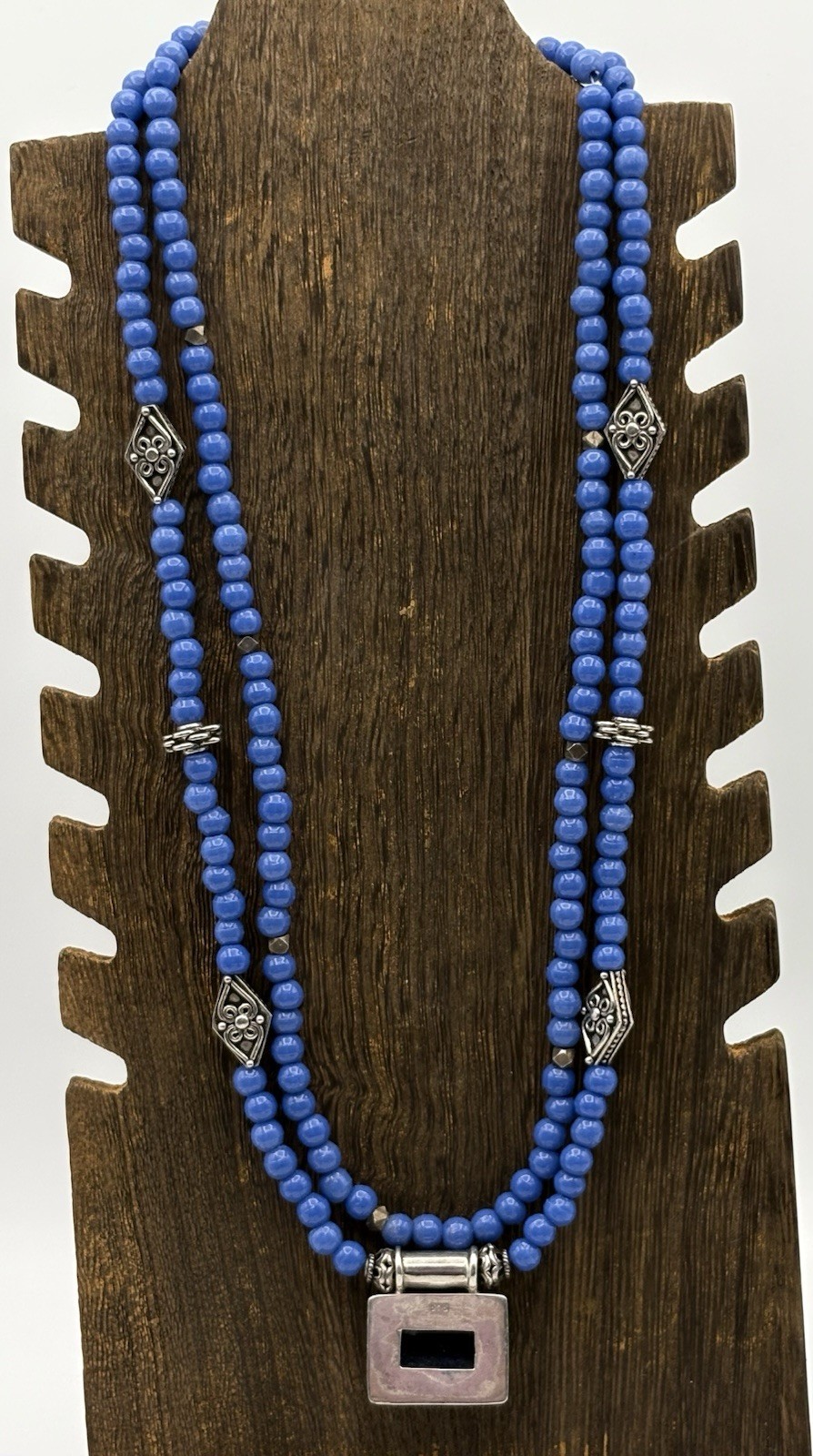Sterling Silver & Lapis Necklace Double Strand Dyed Stone Beads Magnetic Close